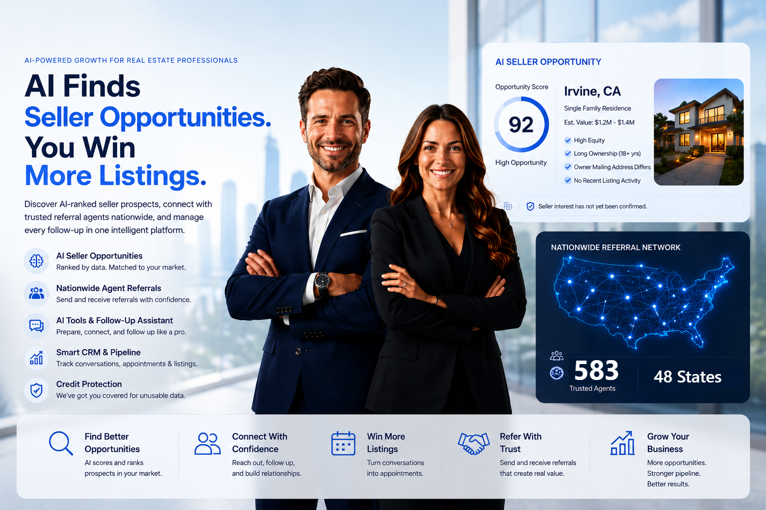 WeReferAgents: AI finds seller opportunities so you win more listings. Two real estate professionals beside an AI seller-opportunity dashboard scoring an Irvine, CA prospect 92, and a nationwide agent referral network.